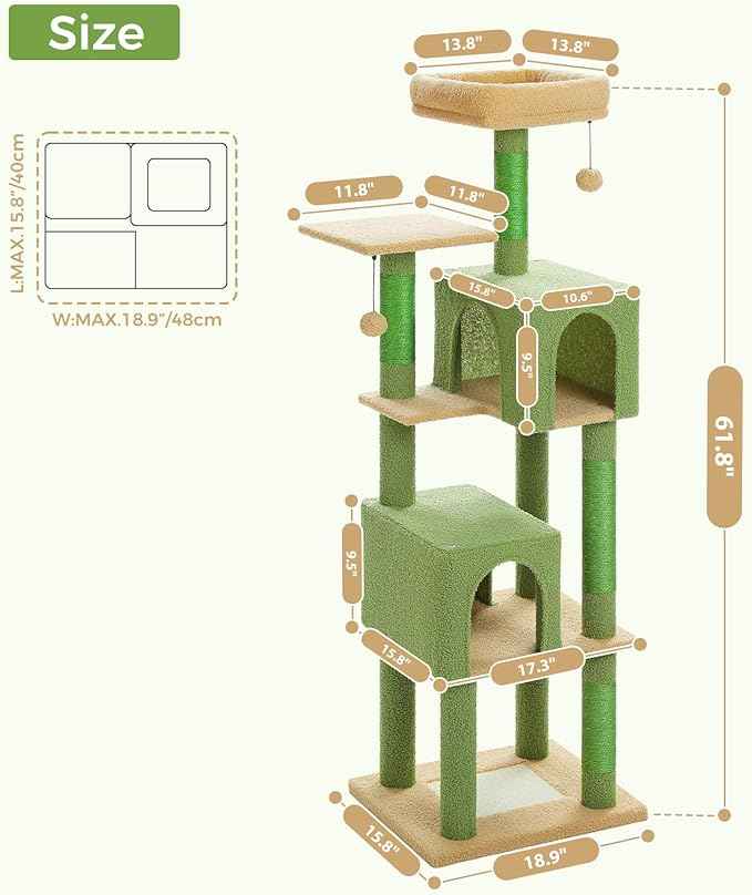 62" Cactus Cat Tree for Large Cats, Multi-Level Cat Tower with 2 Plush Condos, Soft Bed, Scratching Posts & Pad, Padded Perch & 2 Hanging Pompoms for Indoor Cats, Green