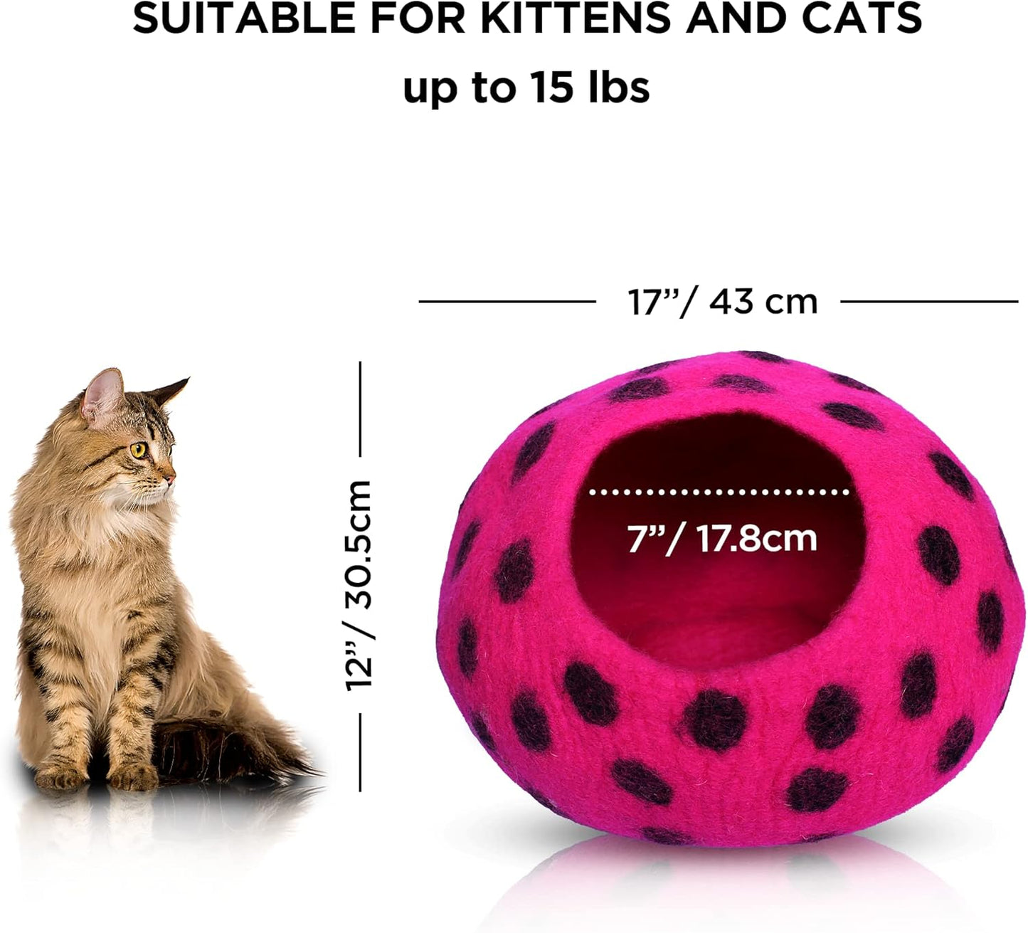 Woolygon Premium Felt Cat Cave Bed - Polka Dot Series - Wool Kitty Beds Handcrafted Kitten Caves Bed for Indoor Cats - Eco-Friendly Merino Wool, Foldable Cat Hideaway Cat Houses (Pink/Black Dots) - Pet Explorer