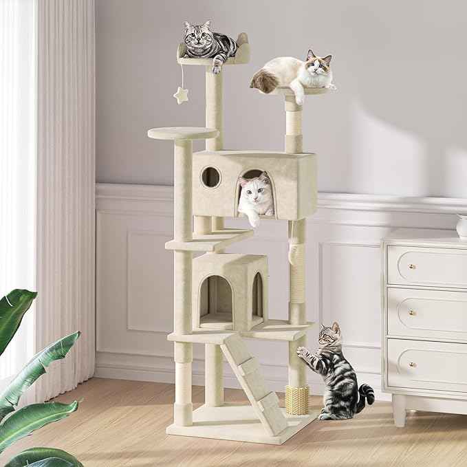 MoNiBloom 77 Inch Cat Tree Tower for Indoor Cats Large Adults, Tall Cat Tower with Scratching Post, Multi-Level Furniture Activity Center with Cat Condo Pet Play House, Beige
