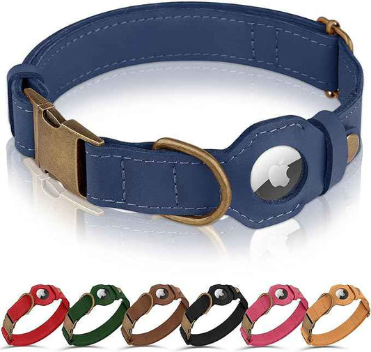 AirTag Dog Collar - Genuine Leather Dog Collar with Apple AirTag Holder and Metal Buckle - Smart GPS Tracking Pet Collars (Smoky Blue, S, 12"-15" Neck Fit) (Smoky Blue, XL, 20"-25" Neck Fit)