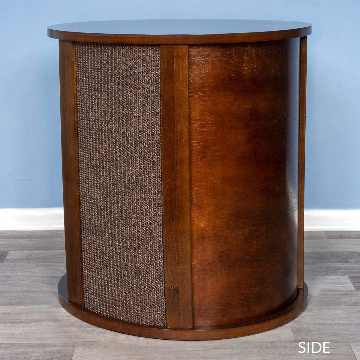 THE REFINED FELINE Purrrrfect End Table Cat Bed Cave in Mahogany Brown, Multipurpose Wood Cat Furniture Nightstand, Easy to Clean Covered Cat Bed with Replaceable Scratching Post & Washable Cushion - Pet Explorer
