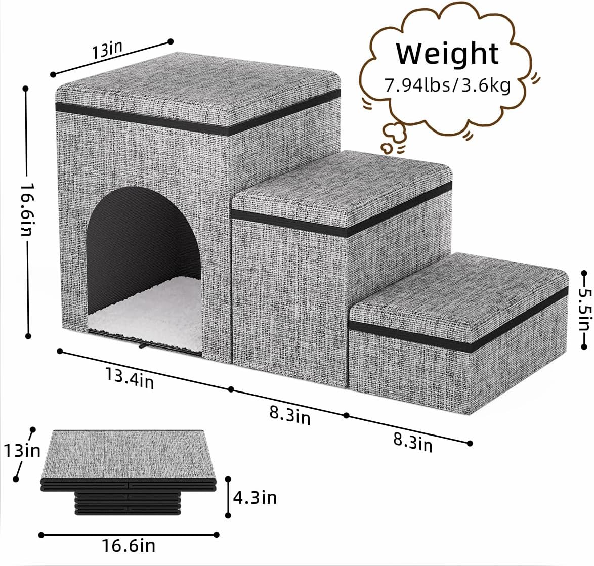 Dog Stairs with Storage, 3-Step Wider Dog Steps with Condo for Dogs and Cats, Pet Stairs for High Bed Climbing, Grey - Pet Explorer