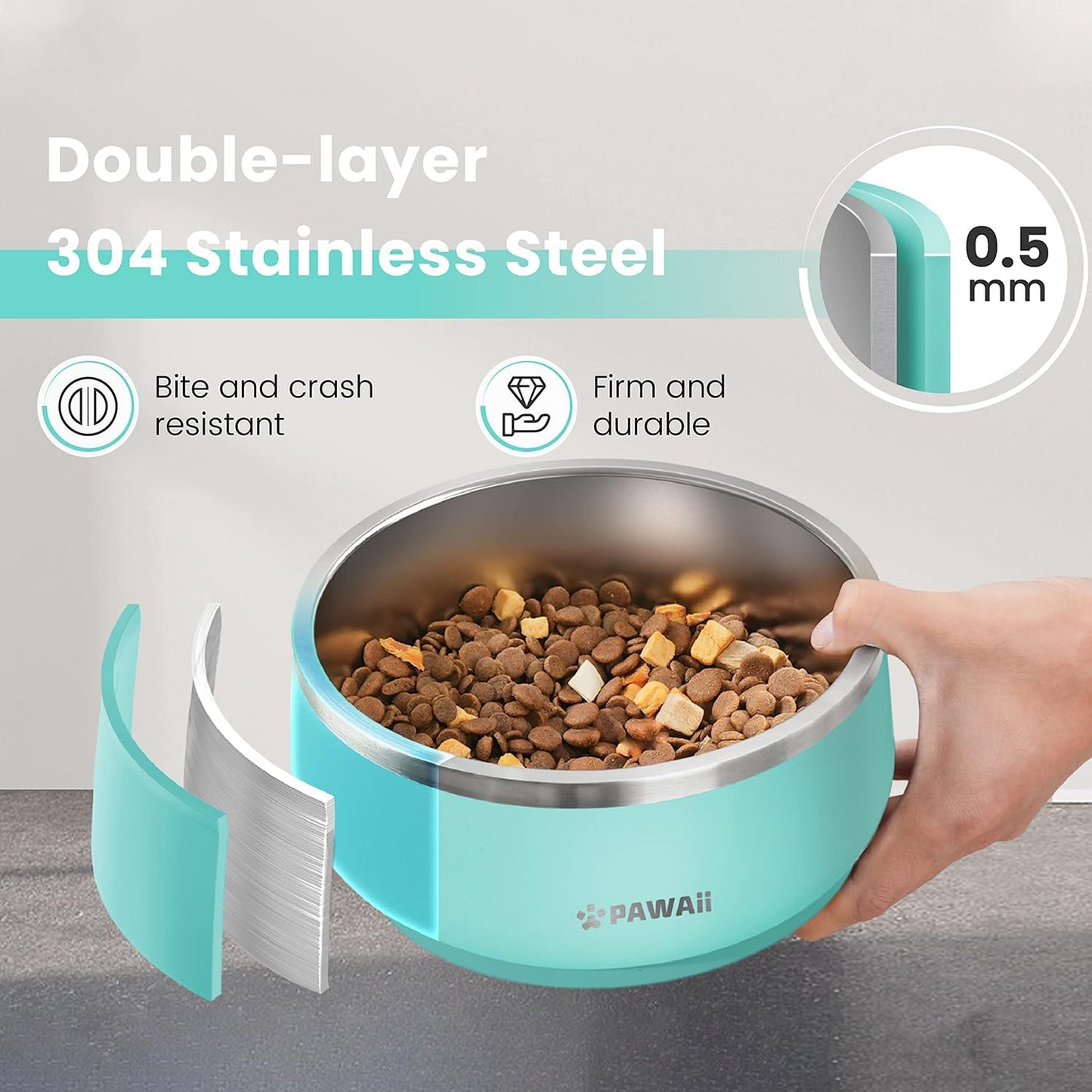 Pawaii Stainless Steel Dog Bowl with Non-Slip Rubber Base & Double Wall Insulation - Durable Design | Includes ID Tag | Dishwasher Safe Food & Water Bowl for All Dogs (68oz) - Pet Explorer