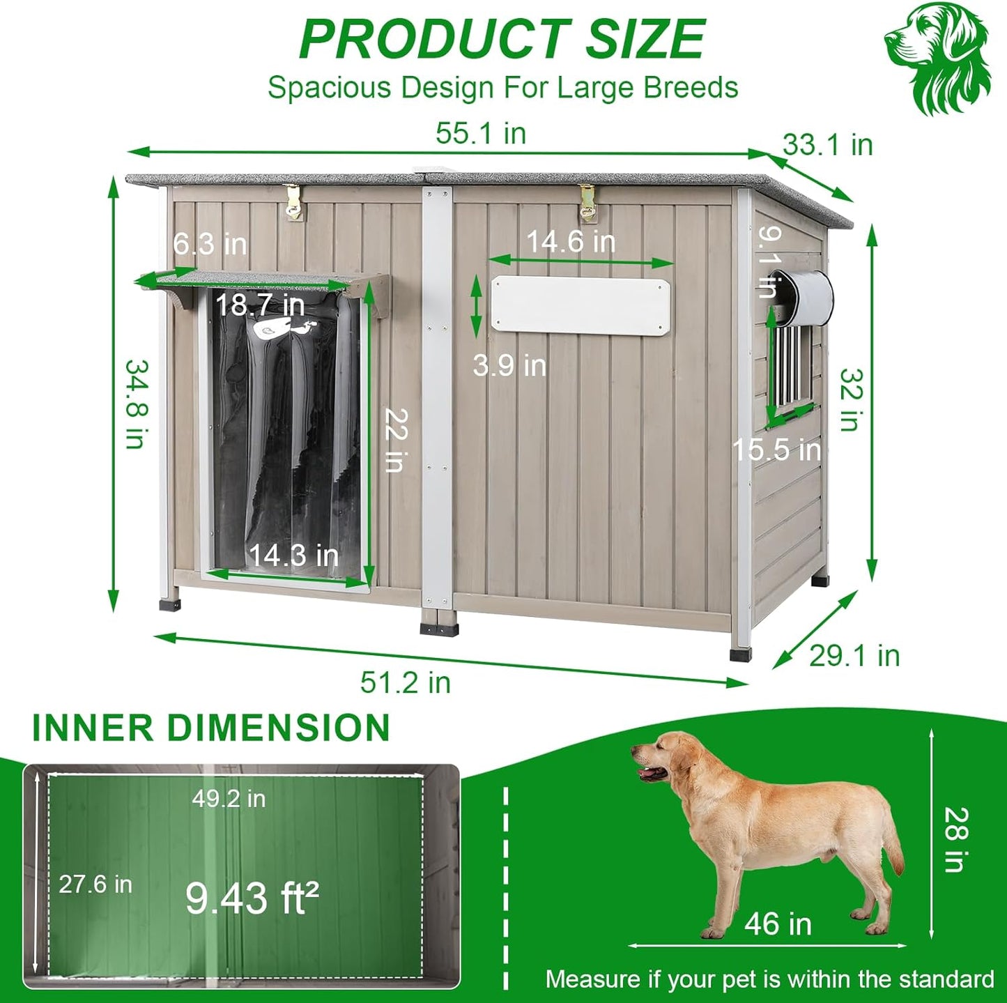Dog House Outdoor Weatherproof & Wooden Dog Kennel with Chew-Proof Iron Frame，Removable Floor, Adjustable Vent Window, Easy Assembly for Large and Extra-Large Dogs 55.1" D x 33.1" W x 34.8" H - Pet Explorer