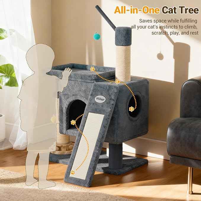 PetDance 37in All-in-1 Small Cat Tree for Indoor Cats | Space-Saving Cat Tower with Cozy Condo, Cat Window Perch, Sisal Scratching Posts, Interactive Ball Track Toy & Self-Grooming Brush,Light Gray