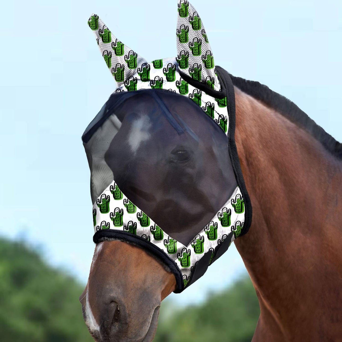 Harrison Howard LumiVista Horse Fly Mask Standard with Ears UV Protection for Horse Green Cactus XL Extra Full