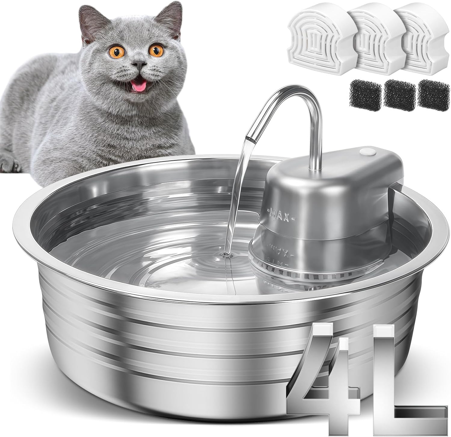 Cat Water Fountain, 4L/135OZ Stainless Steel Pet Fountain Dog Water Dispenser with 3 Filters & 3 Sponges, Dog Water Bowl Cat Drinking Fountains Watering Supplies with Ultra-Quiet Pump for Pets Indoor - Pet Explorer
