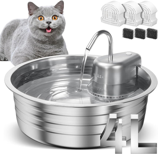 Cat Water Fountain, 4L/135OZ Stainless Steel Pet Fountain Dog Water Dispenser with 3 Filters & 3 Sponges, Dog Water Bowl Cat Drinking Fountains Watering Supplies with Ultra-Quiet Pump for Pets Indoor - Pet Explorer