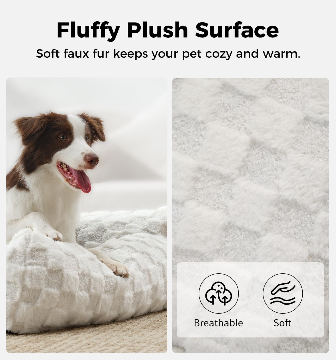 Made4Pets Cat and Dog Couch Bed, Soft Faux Fur Checkered Pet Sofa, Cozy Fluffy Pet Sofa with Supportive Foam, Removable Washable Cover with Non-Slip Base, White, Medium - Pet Explorer