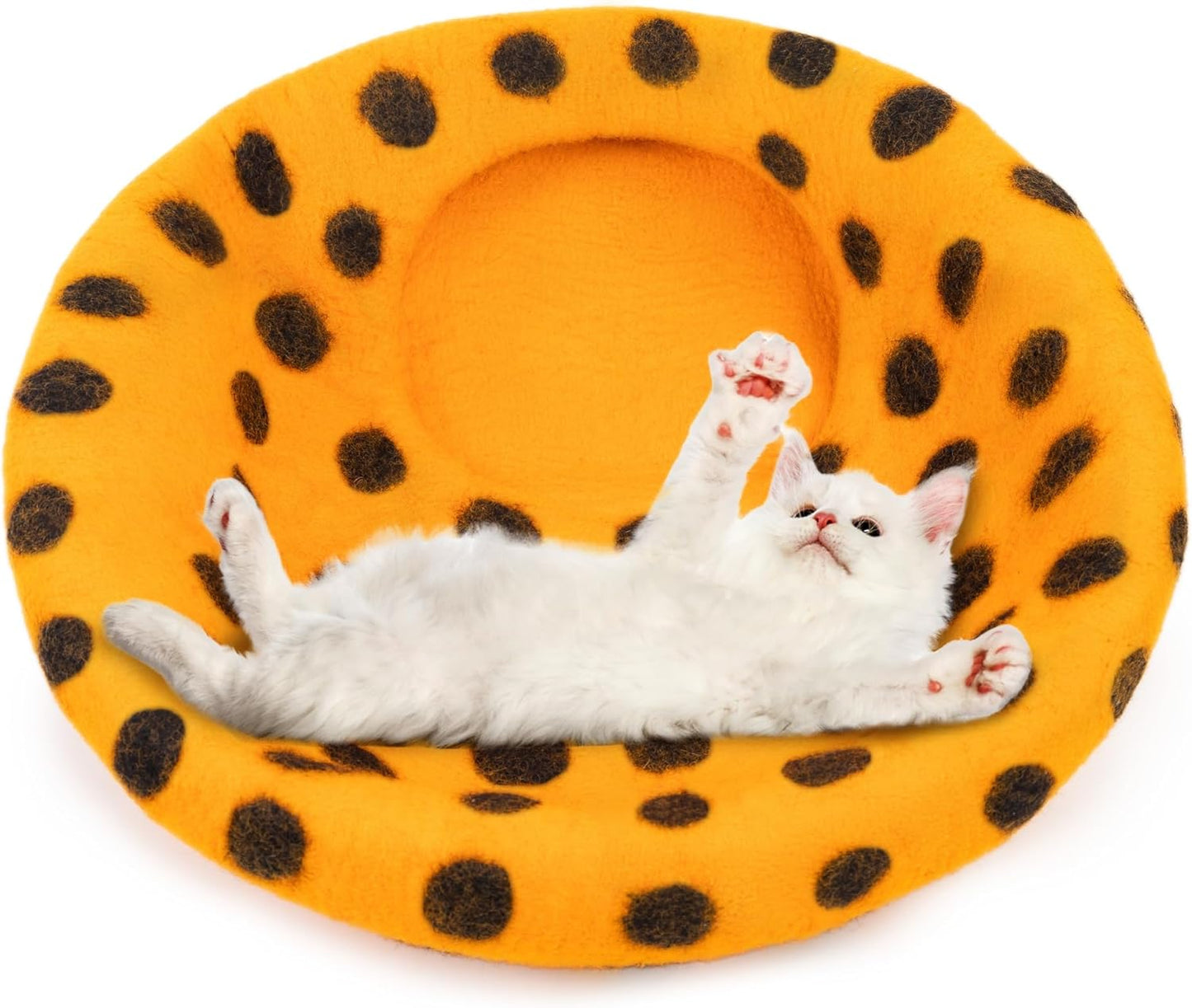 Woolygon Premium Felt Cat Cave Bed - Polka Dot Series - Wool Kitty Beds Handcrafted Kitten Caves Bed for Indoor Cats - Eco-Friendly Merino Wool, Foldable Cat Hideaway Cat Houses (Orange/Black Dots) - Pet Explorer