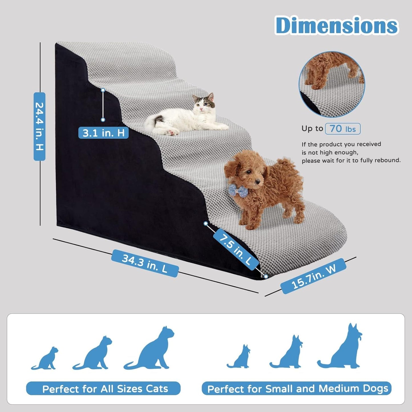 Curved Dog Stairs 24 inches High, Dog Ramp Stairs for Small Dogs for High Beds 20-25 inches Tall, 30D Foam Dog Steps for Beds 24 inches, Pet Stairs/Steps for Old Dogs Cats, Grey - Pet Explorer