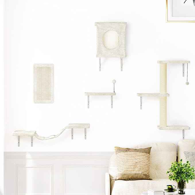 Wall Mounted Cat Furniture, 5 Pcs Cat Wall Shelves with House, Bridge, Steps, Scratching Post, Shelves, Indoor Safe & Stable Furniture for Kittens Play,Beige