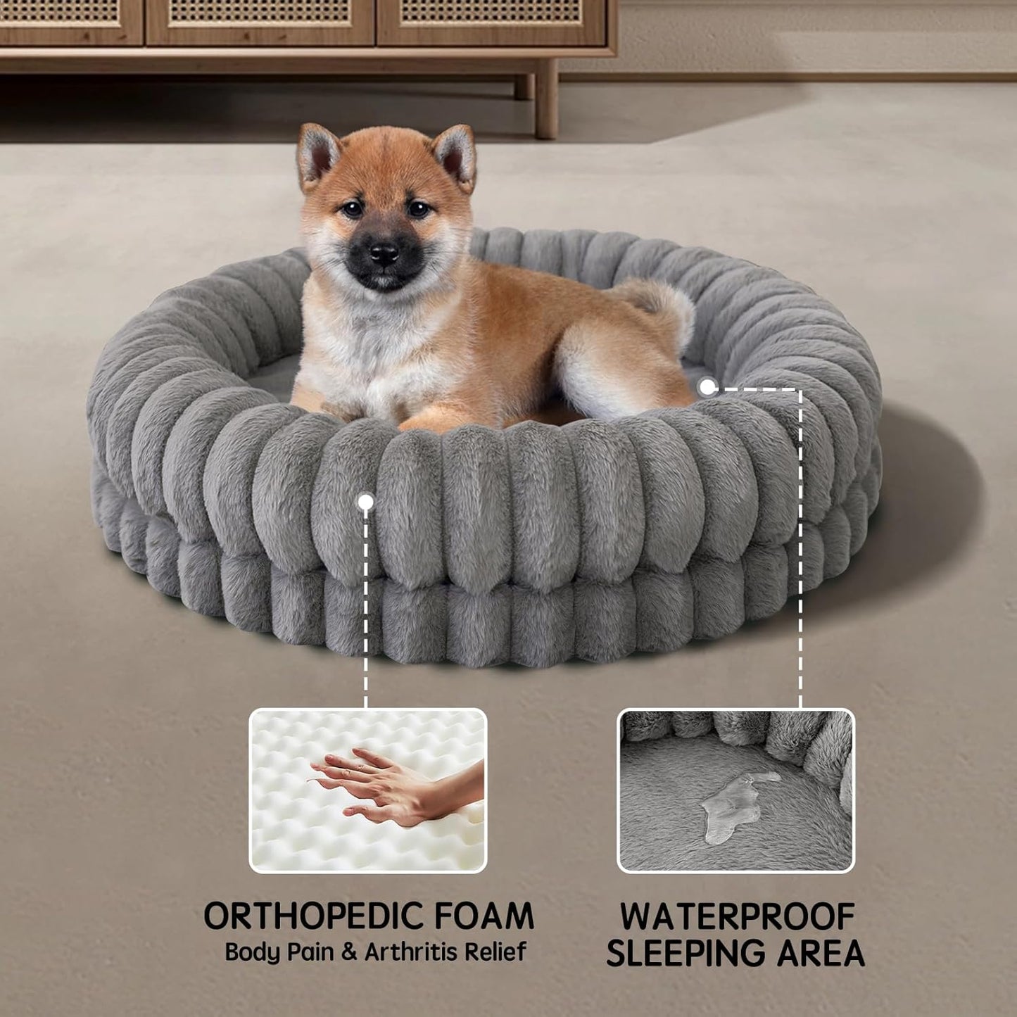 BALANCE Luxury Donut Dog Bed, 30 Inches Round Dog Bed Medium Size Dogs Washable, Orthopedic Calming Dogs Bed for Pets with Anti-Slip Bottom, Gray - Pet Explorer