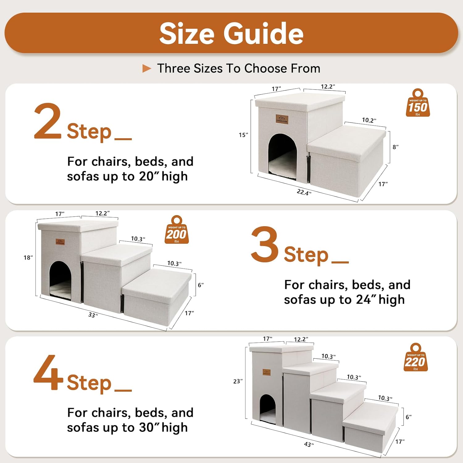 Dog Stairs with Condo 18" H, 3-Step Wider Dog Steps for High Beds Couch, Folding Storage Pet Stairs Gift for Small/Medium/Large Old Dogs Cats, Ramp for Climbing Car Up to 200 lbs, Beige - Pet Explorer