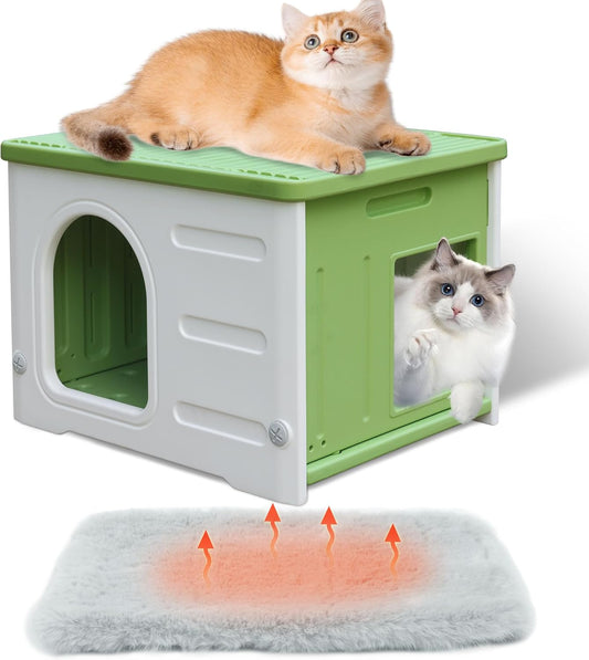 Rockever Plastic Cat House Outdoor with Escape Door, Waterproof Feral Cat House Outdoor Indoor, Sturdy Cat House for Outdoor Cats with Cat Bed Mat, Assemble Easily-Green - Pet Explorer