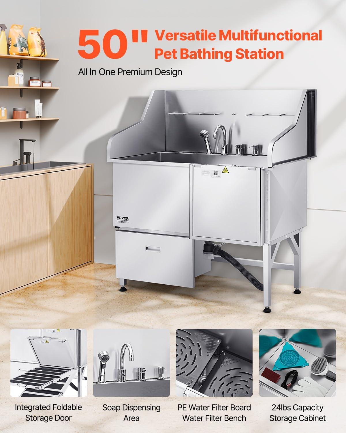 VEVOR Professional 304 Stainless Steel Dog Bathing Station, 50 inch Pet Grooming Tub w/Anti-Slip ramp, Storage Drawer, Cold Hot Faucet Showerhead, for Large & Medium & Small (Right Door, with Drawer) - Pet Explorer