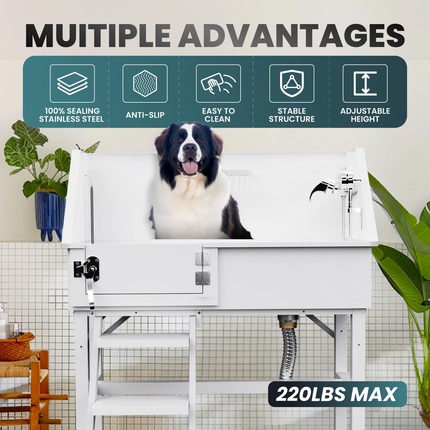 38" Dog Washing Station, Professional Stainless Steel Dog Bathing Station Dog Bathtub for Large & Medium Dog, Height Adjustable Dog Grooming Tub with Storage Basket, Movable Stair (Left Stair) - Pet Explorer