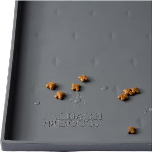 Leash Boss Silicone Pet Feeding Mat with Raised Edge - 20 x 13 Inch Grey - Waterproof Non-Slip Dog Bowl & Water Tray - Spill Containment Lip for Dogs & Cats