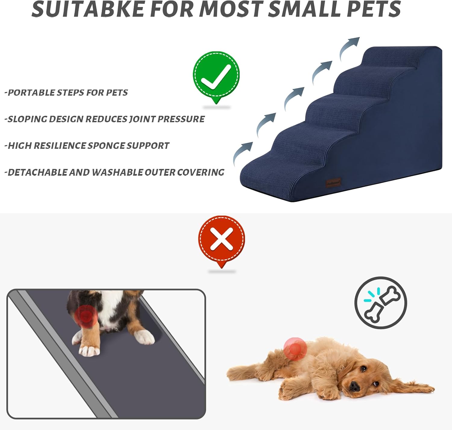 5-Step Dog Stairs and Ramp for High Bed, Non-Slip Sturdy Pet Steps for Small Dogs and Cats,22.2" H,Blue - Pet Explorer