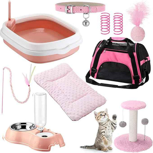 Eccliy Kitten Starter Kit, 10 Pcs Cat Starter Kit for Indoor Cats Kitten Essentials Includes Litter Box, Pet Toy, Folding Carrier, Climbing Frame, Mat, Collar, Automatic Food Bow(Classic,Pink)