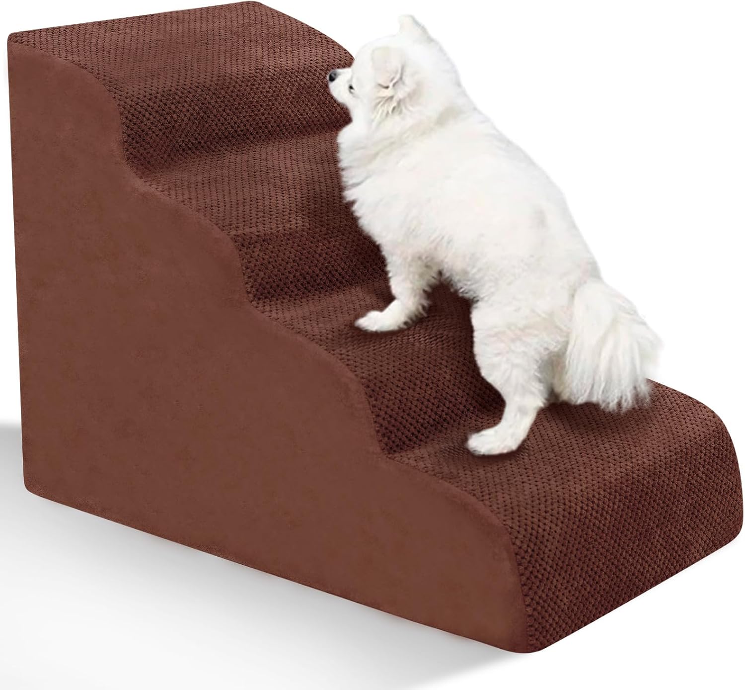 Dog Stairs for Small Dogs - High Density Foam Pet Steps, Extra Wide Dog Ramp with Non-Slip Bottom for High Beds, Couch and Sofa, Best for Dogs Injured, Older Doggy Cats,4 Steps, Brown - Pet Explorer