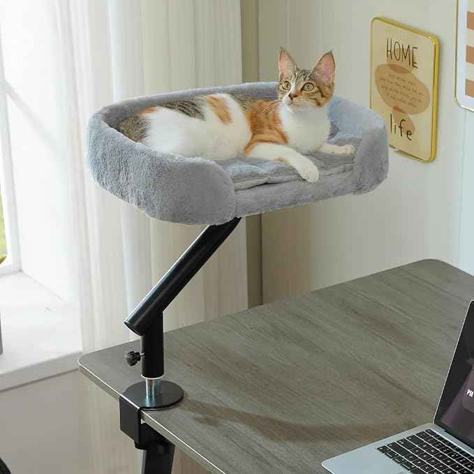 PAWZ Road Cat Desk Bed for Indoor Cats, Cat Bed for Desk Supports Up to 50 lbs, 360° Rotation & Adjustable, Nest Desktop Attachment Cats Hammock for Table, Gray