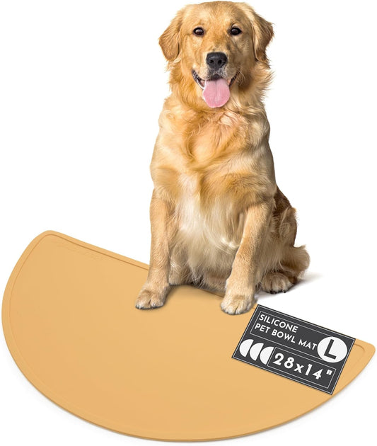 Waterproof Silicone Pet Food Mat - Non-Slip, Spill-Proof Feeding Mats for Floors, Raised Edge Design, Easy-to-Clean, Rubber Mat for Dog & Cat Bowls, 28" Across x 14" Deep, Large-Honey - Pet Explorer