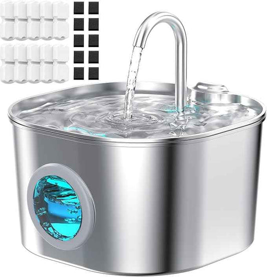 Cat Water Fountain Stainless Steel: Pet Fountains with 10 Filters + 10 Sponges 2.2L Cats Automatic Waterer Bowls for Drinking Small Dog Water Dispenser Indoor HOOISE Metal Kitty Watering Silent