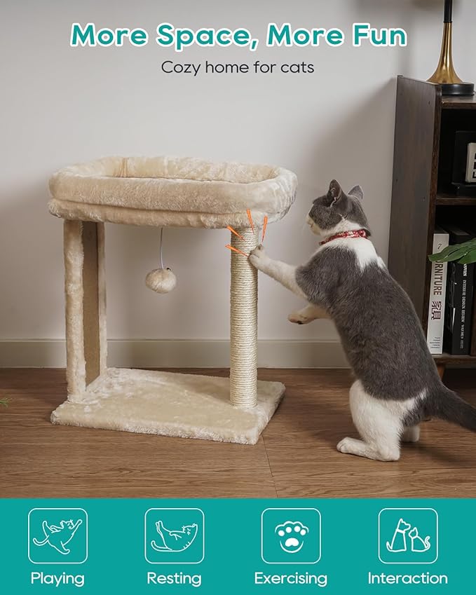 SYANDLVY Small Cat Tree for Indoor Cats, Scratching Board with Perch, Scratching Post for Small Cats, Kittens Scratcher with 2 Dangling Balls, Beige