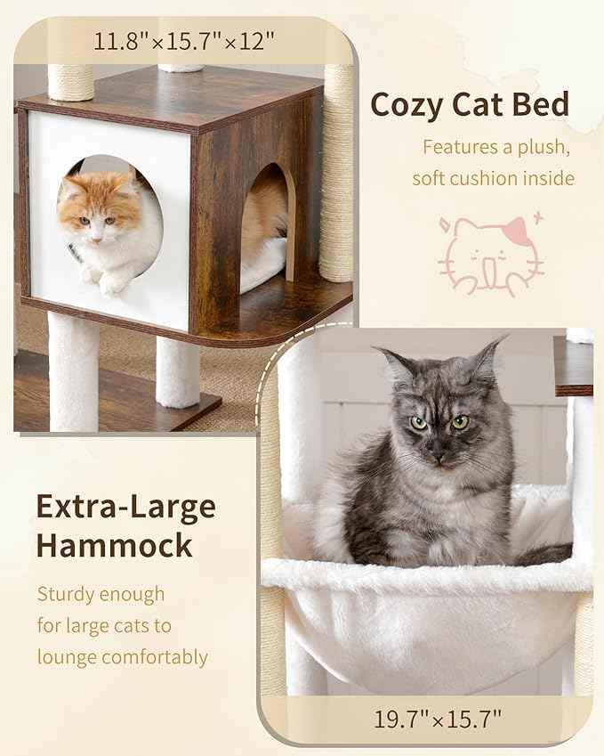 Heybly Cat Tree, 70.5 Inch Wood Tall Cat Tower for Large Indoor Cats with Extra Stable Structure, Modern Cat Furniture with All-Sisal Scratching Posts, Cat Condo & Hammocks, Rustic Brown HCT121SR