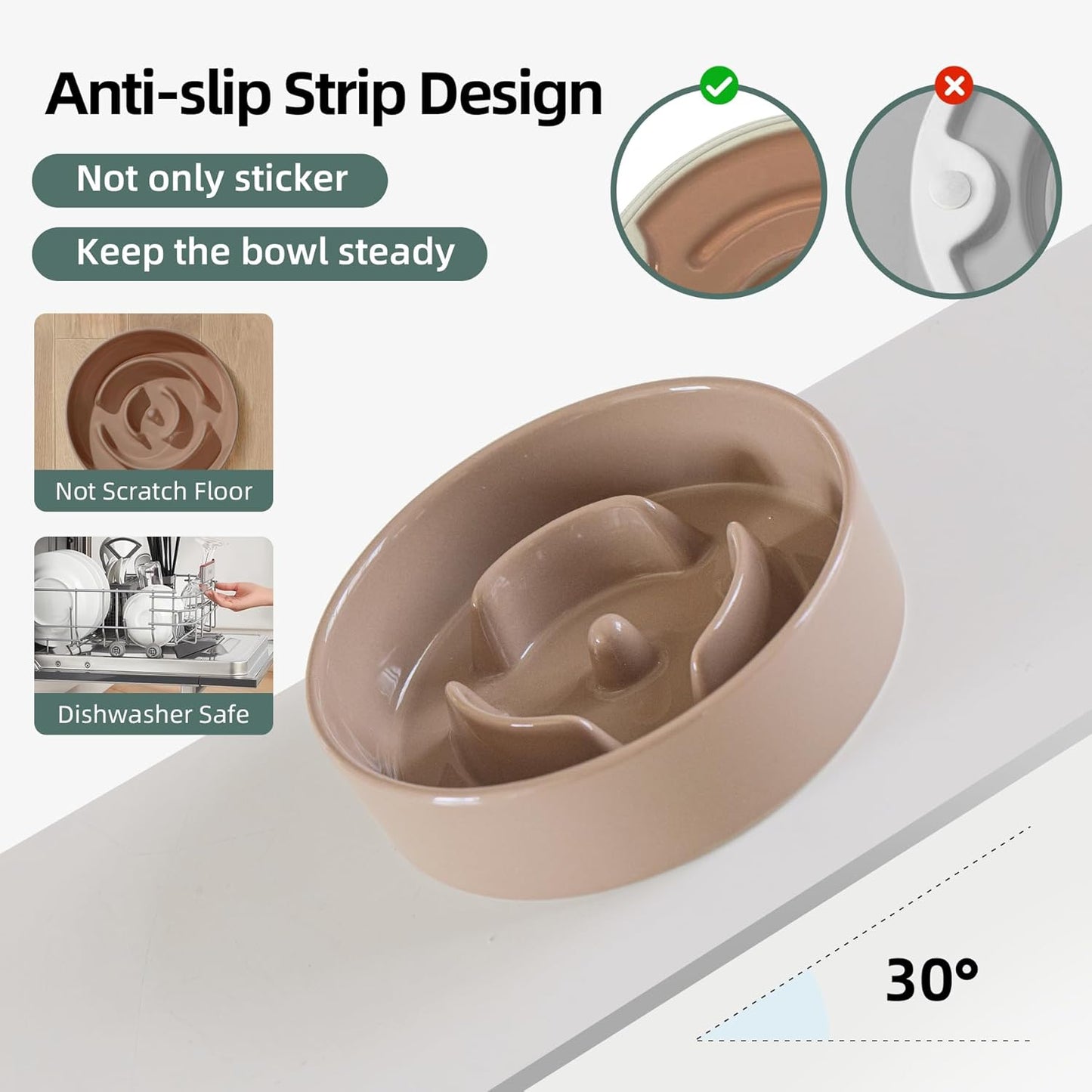 Ceramic Raised Slow Feeder Dog Bowl Set, Elevated 5.1inch Bowl and 6.1inch Puzzle Slow Pet Food Dish with Wooden Stand for Small Dog and Cat, Anti-Gulping (2X Brown Coffee+ Stand) - Pet Explorer