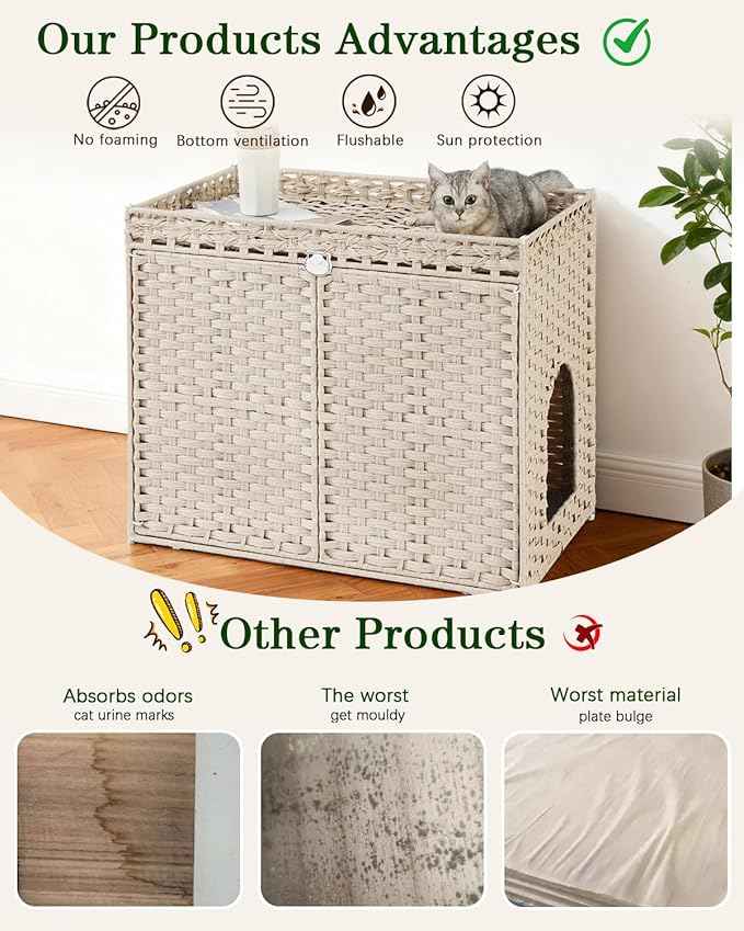 Cat Litter Box Enclosure Furniture, Hidden Litter Box, Cat Litter Box Cabinet with 2 Litter Mats, Handwoven Rattan Large Space Cat House Indoor, Living Room, Bedroom, Apartment Light Khaki