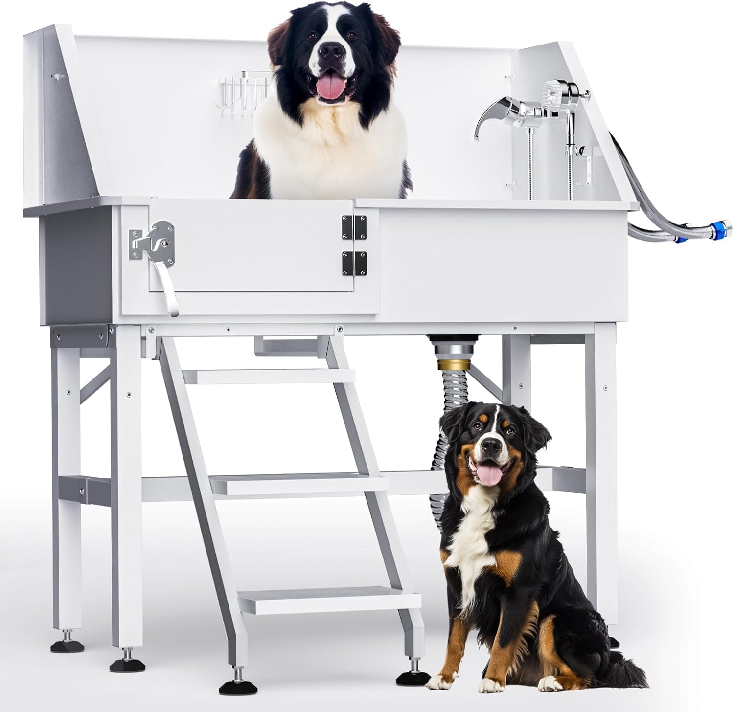 38" Dog Washing Station, Professional Stainless Steel Dog Bathing Station Dog Bathtub for Large & Medium Dog, Height Adjustable Dog Grooming Tub with Storage Basket, Movable Stair (Left Stair) - Pet Explorer