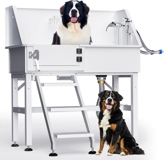 38" Dog Washing Station, Professional Stainless Steel Dog Bathing Station Dog Bathtub for Large & Medium Dog, Height Adjustable Dog Grooming Tub with Storage Basket, Movable Stair (Left Stair) - Pet Explorer