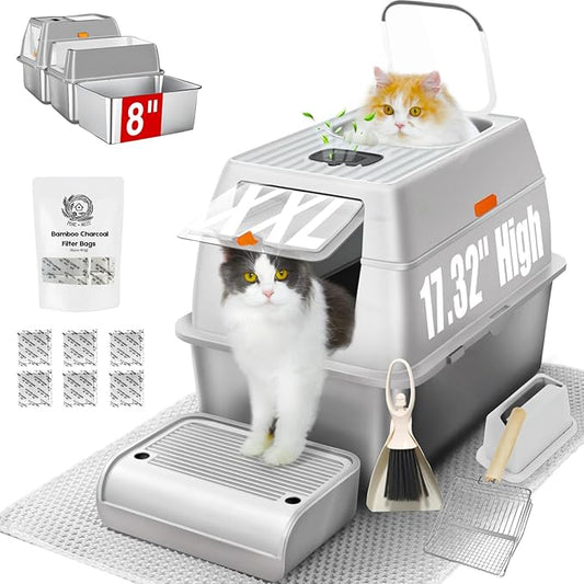 Fully Enclosed XXL Stainlessss Steel Litter Box with Lid, 8" Deep Pan, Large Stainless Steel Cat Litter Box for Big Cat with Scoop, Step Board, Mat, Brush, Odor-Free, Anti-Leak, Non-Stick (Light Gray)