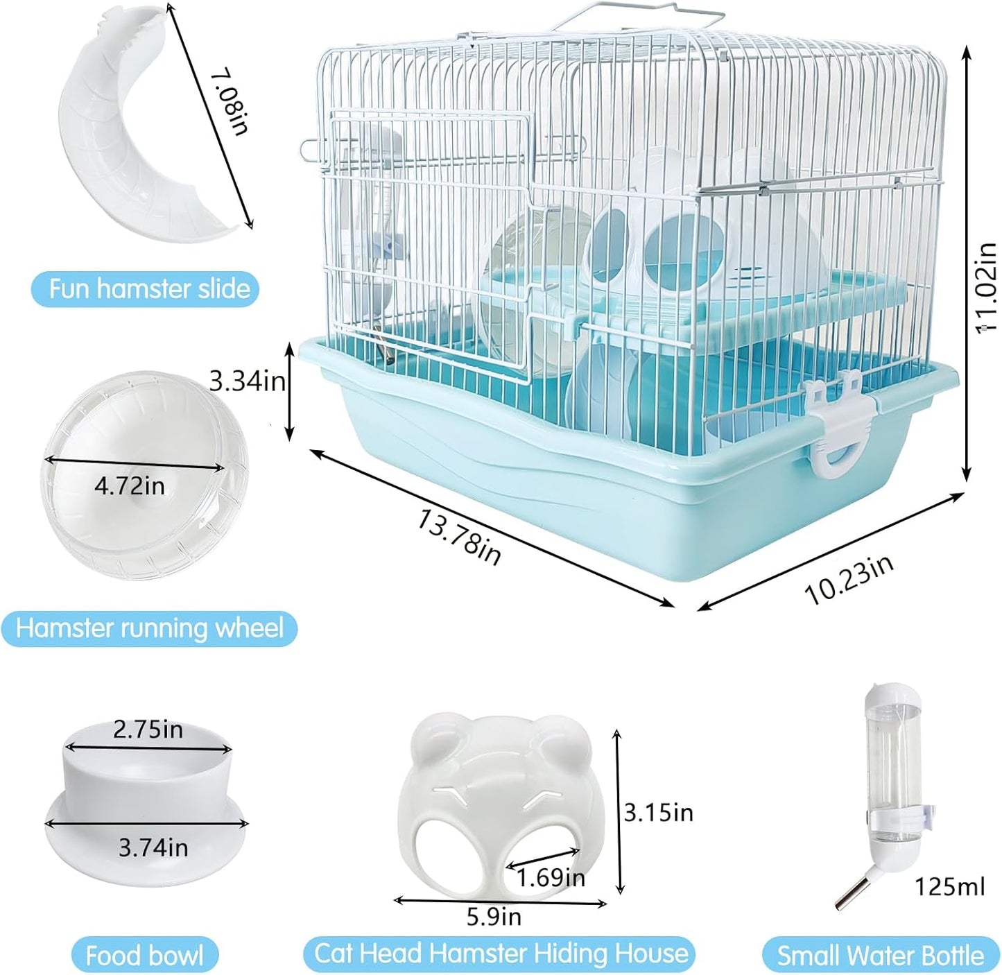 PINVNBY Dwarf Hamster Cage, Small Animal Cages, 2-Tier Travel Portable Mouse Cage Hamster Carrier with Castle House Running Exercise Wheels, Water Bottle and Food Dis（Blue） - Pet Explorer