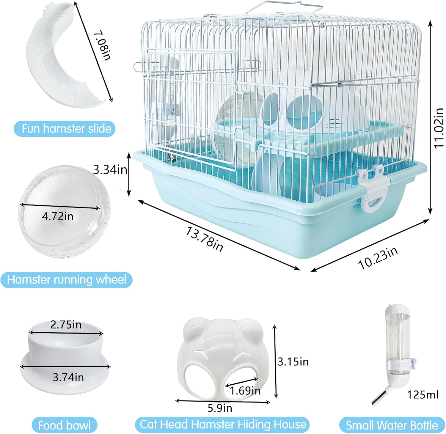 PINVNBY Dwarf Hamster Cage, Small Animal Cages, 2-Tier Travel Portable Mouse Cage Hamster Carrier with Castle House Running Exercise Wheels, Water Bottle and Food Dis（Blue） - Pet Explorer