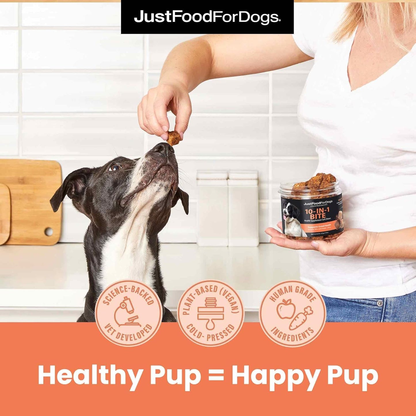 JustFoodForDogs 10-in-1 Multifunctional Supplement Chews for Dogs, Superfood Blend, Glucosamine, Omega-3 Fatty Acids, Skin Health, Joint Health, Probiotics, Plant-Based, Human Grade - 45 Count - Pet Explorer