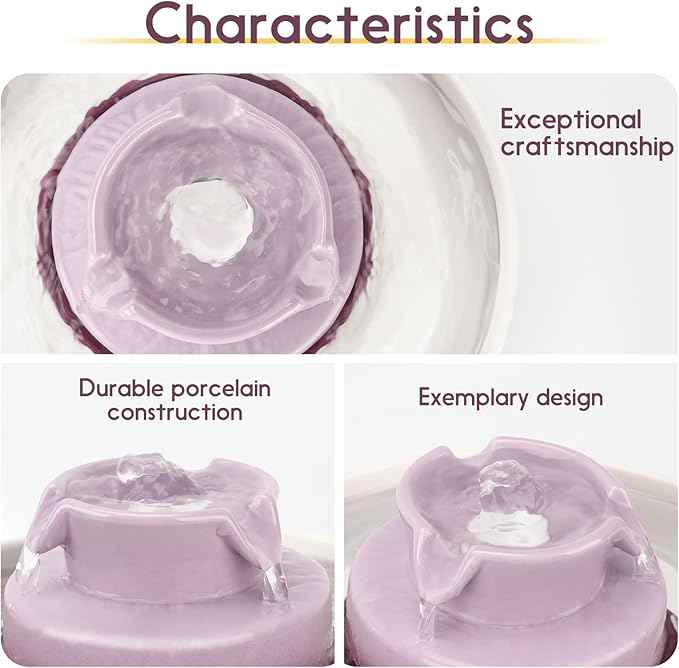 Ceramic Cat Water Fountain, 2.1L/71oz Cat Fountain with 3 Carbon Filters and 2 Water Pumps, Cupcake Pet Water Fountain for Cats and Dogs (Purple)