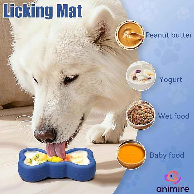 Lick Mat for Dogs, Animire Anti-Spilled Bow Tie Lick Bowls for Anxiety Relief, Silicone Slow Feeder Licking Pad with Suction Cups, Freezeable Dog Enrichment Toy for Boredom(Dark Blue,S)