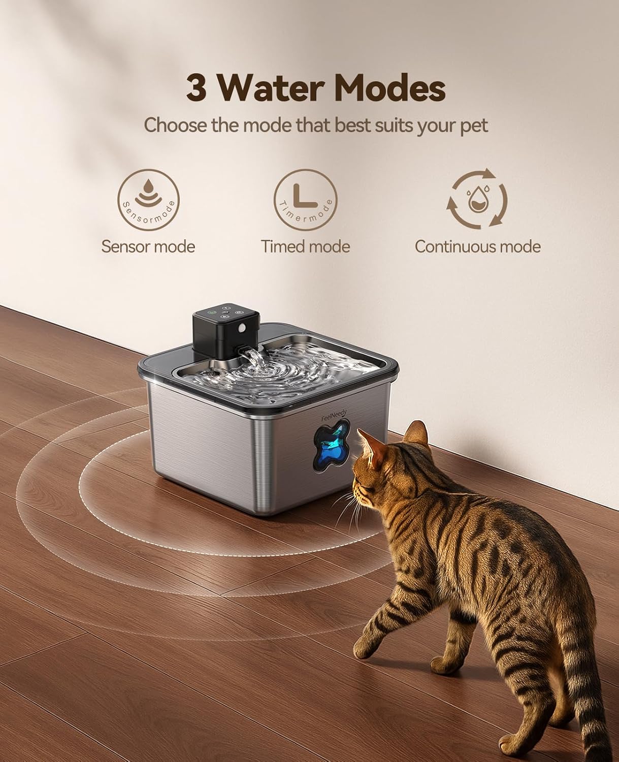 Cat Water Fountain Stainless Steel, FEELNEEDY Visual Filter Automatic Pet Water Fountain for Cats & Dogs Dispenser, Cordless Battery Operated Water Fountain for Cats Indoor - 3.2L/108oz - Pet Explorer
