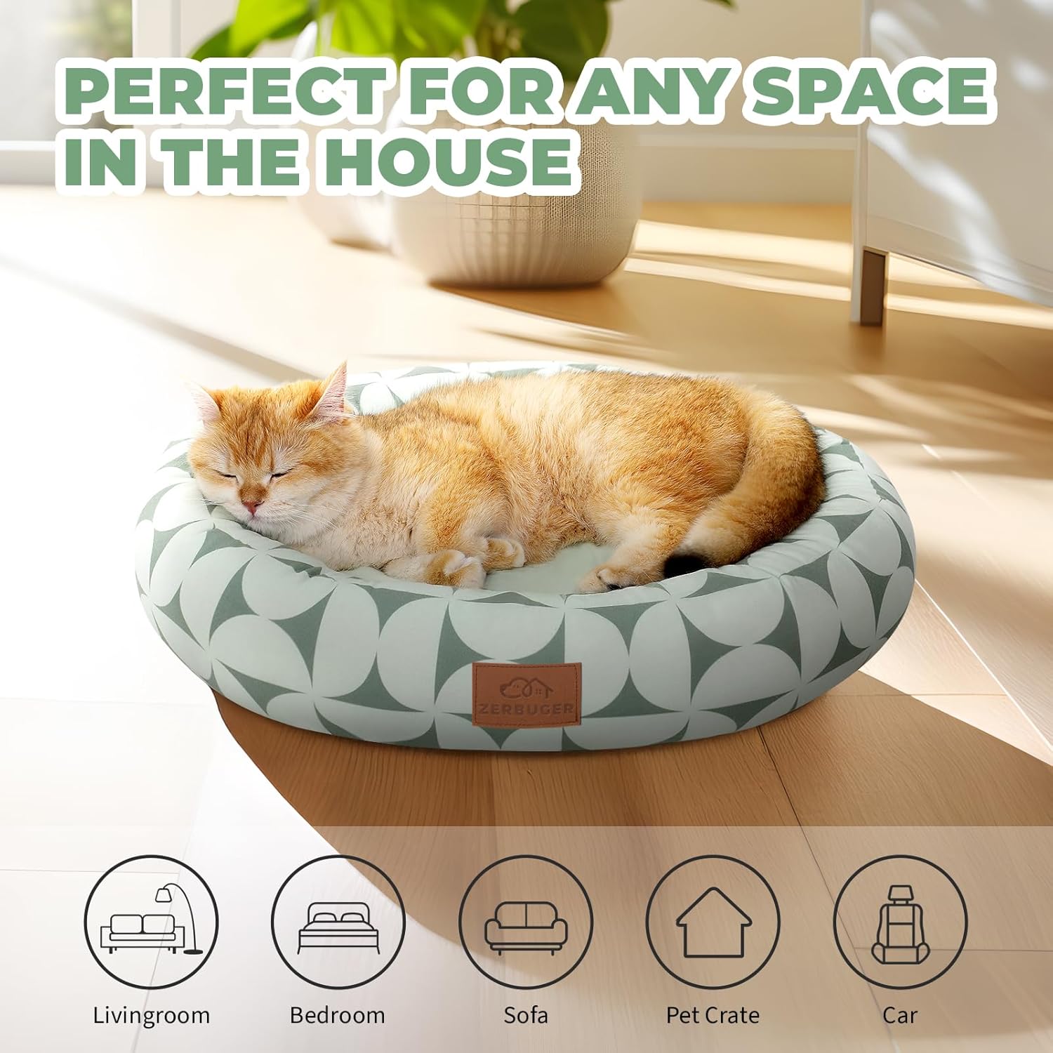 Cat Bed, 20In Dog Beds for Small Dogs, Calming Cat & Dog Beds for Indoor Pets, Pet Beds Comfortable Donut Round Ultra Soft (Green Pattern, 20.0" L x 20.0" W x 6.5" Th) - Pet Explorer