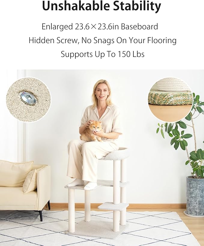 Cat Tree for Large Cat, Modern Senior Friendly Cat Tower with Wide Shelves Low Step, Cotton Scratching Posts, Super Sturdy Base, Cozy Perches, Interactive Toys (Linen Fabric Green 37.4-Inch)