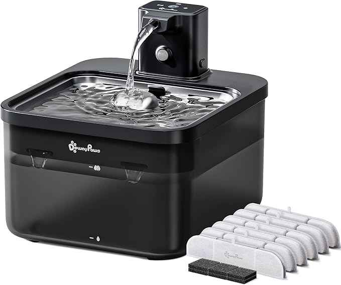 DownyPaws Cat Water Fountain Stainless Steel Cordless, 84oz/2.5L Fursink Wireless Pet Water Fountains for Cats Indoor, Battery Operated Cat Drinking Fountain, BPA-Free, Black with 6 Filters