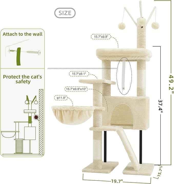 Cat Tree for Indoor Cats, Cat Tower with Scratching Post for Small Cats and Kittens, Cat House with Removable Top Platform and Fluffy Balls, Hanging Cat Basket, Beige GCT006SM