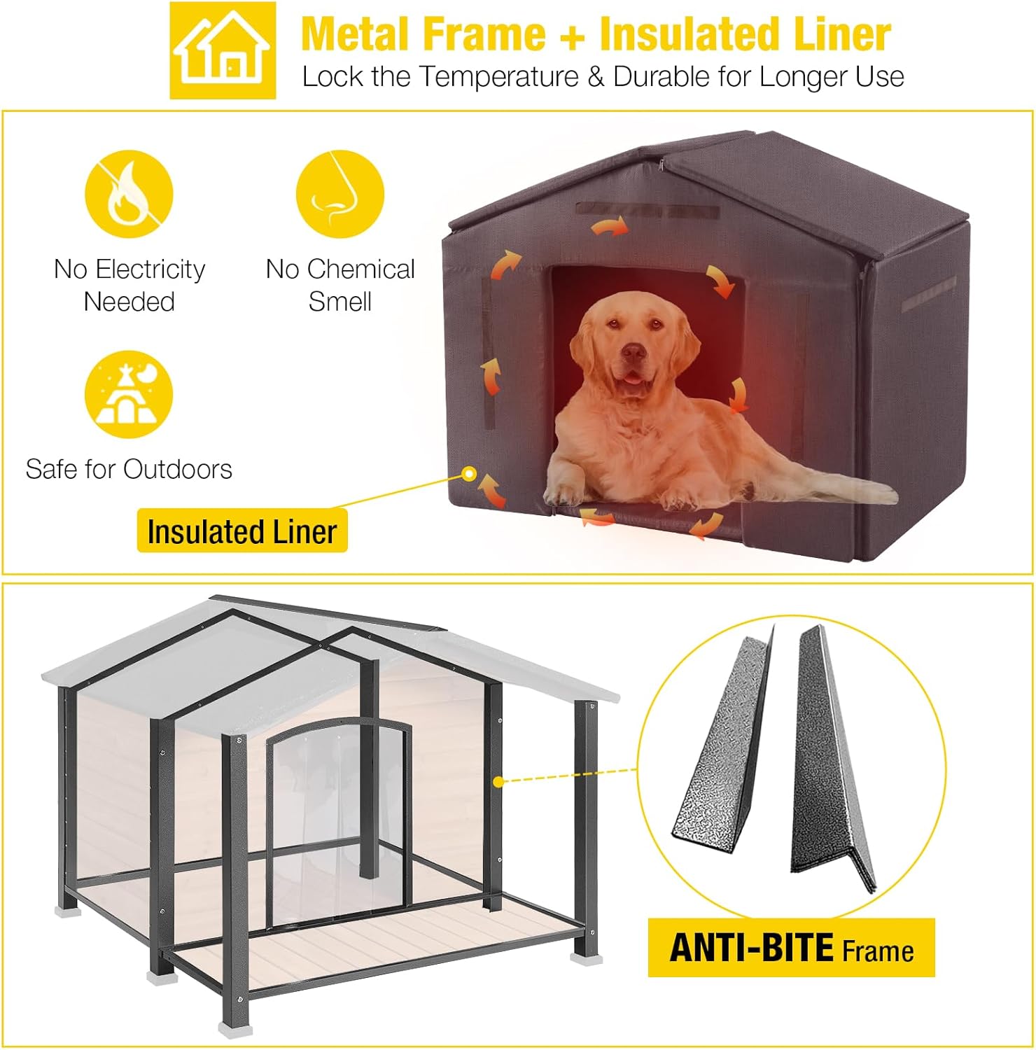Aivituvin Outdoor Dog House with Chewproof Strong Metal Frame Insulated Outside Dog Kennel Weatherproof for Medium to Large Dogs, (41.5" L x 41.4" D x 34.1" H) - Pet Explorer