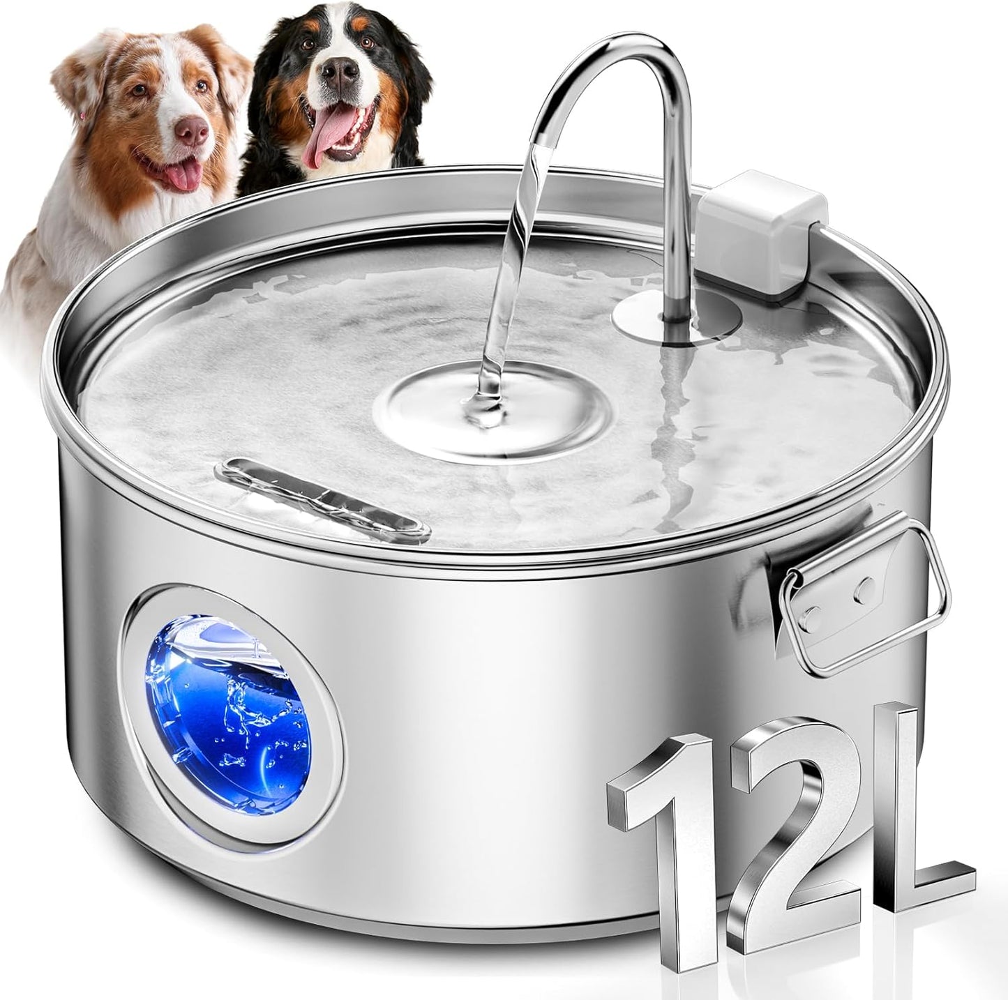 Dog Water Fountain for Large Dogs, 3.2Gal/406oz/12L Stainless Steel Pet Water Fountain, Quiet Dog Water Bowl Dispenser with Visible Window for Large Dog, Multi-pet Home - Pet Explorer