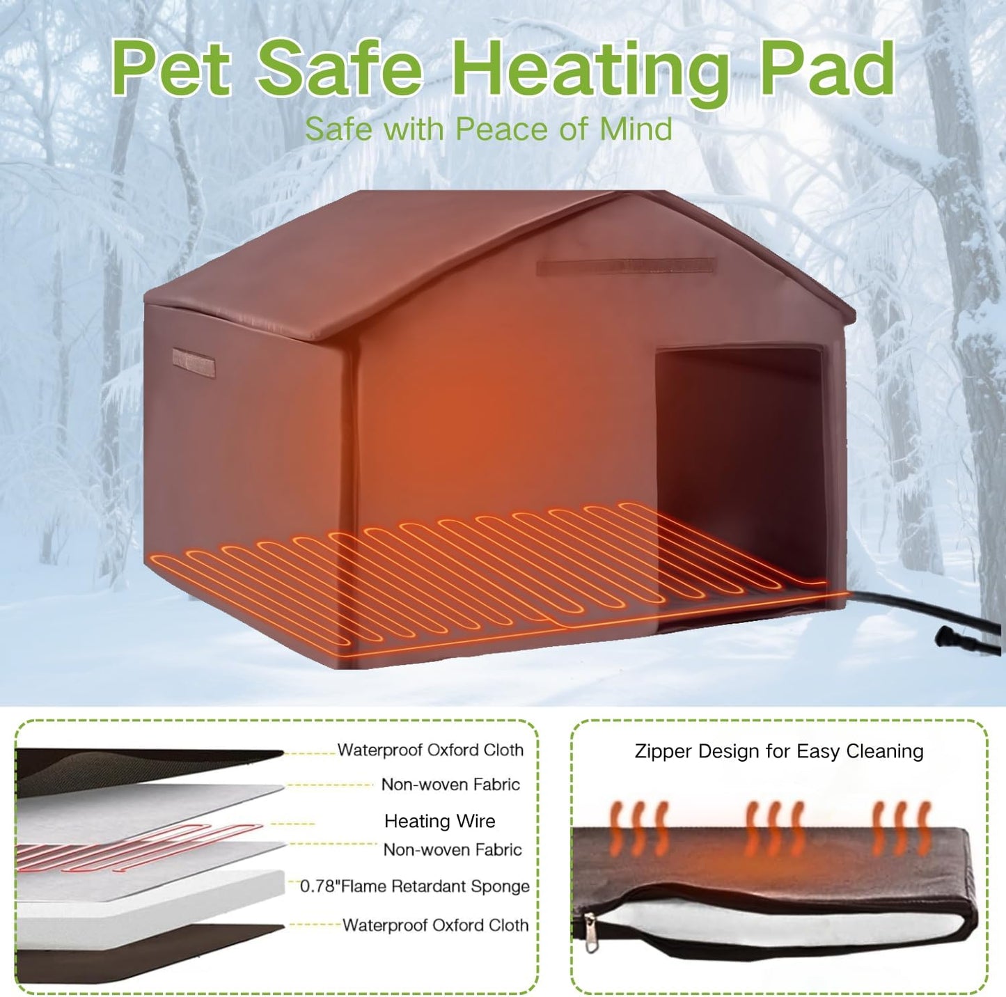 Heated Dog House Outdoor with Bowls Weatherproof Dog Kennel with Heating Pad Anti-Chewing Iron Frame Dog Shelter for Small Medium Dogs(Wooden Brown) - Pet Explorer