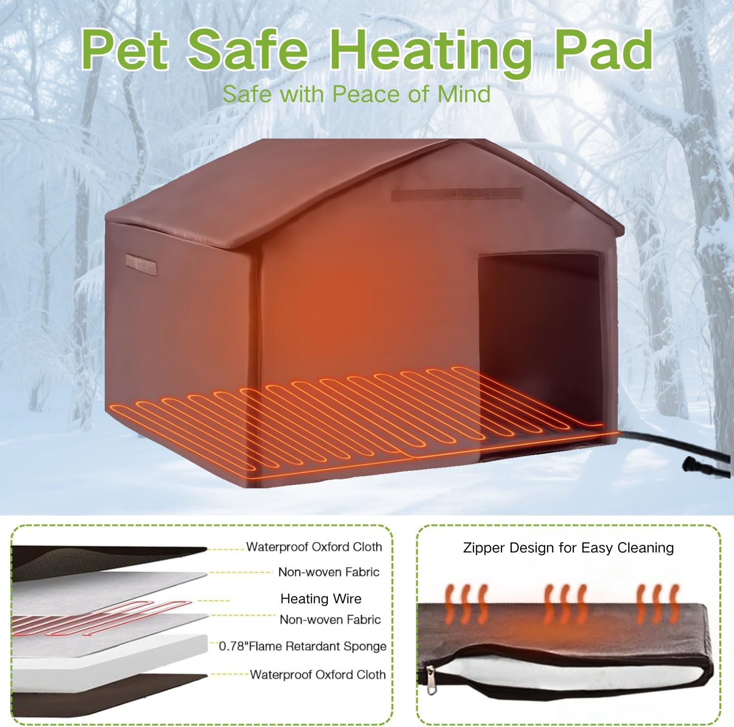 Heated Dog House Outdoor with Bowls Weatherproof Dog Kennel with Heating Pad Anti-Chewing Iron Frame Dog Shelter for Small Medium Dogs(Wooden Brown) - Pet Explorer