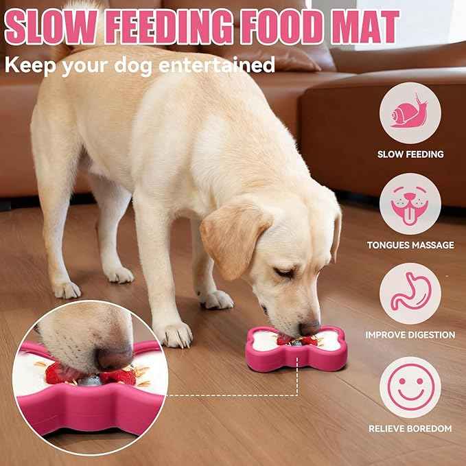 Lick Mat for Dogs, Animire Anti-Spilled Bow Tie Lick Bowls for Anxiety Relief, Silicone Slow Feeder Licking Pad with Suction Cups, Freezeable Dog Enrichment Toy for Boredom and Distraction(Rose,L)
